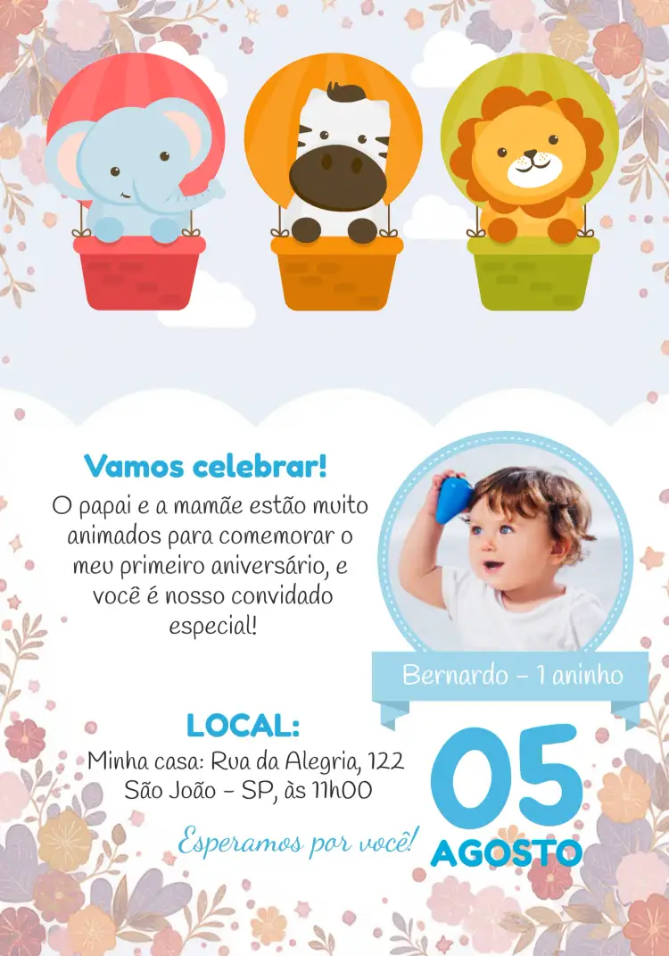 Convite Safari Com Foto Branco – tema Datas Comemorativas animais selvagens, cores suaves, estilo divertido, elementos gráficos de safari, design infantil