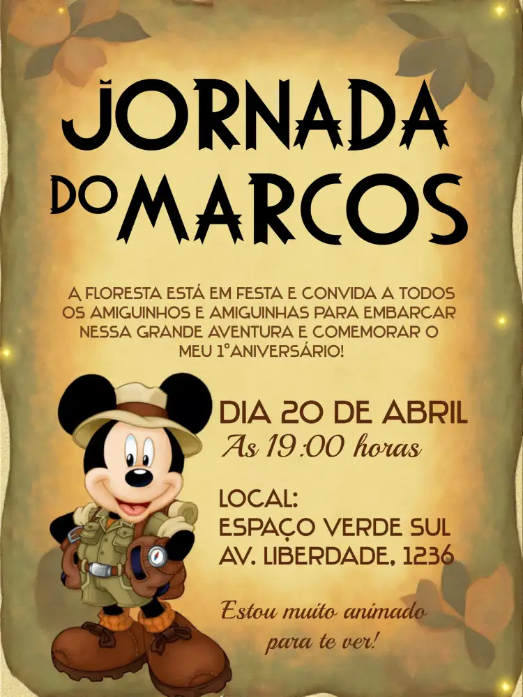 Convite Safari Do Mickey Mouse Sua – tema Aniversário Infantil safari, Mickey Mouse, cores neutras, ilustrações divertidas, design infantil, tema alegre