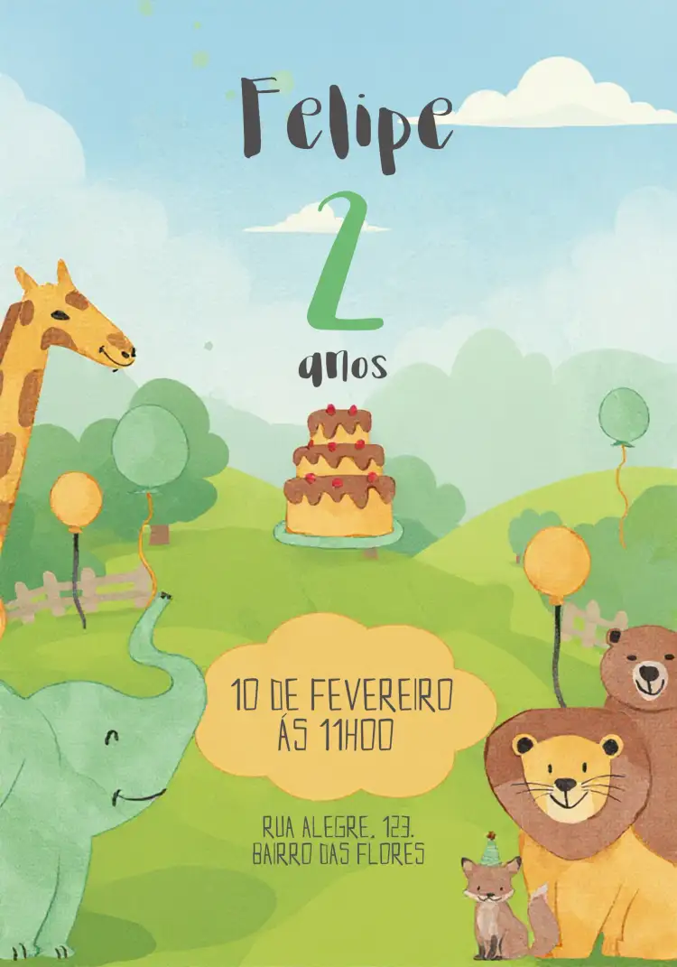 Convite Safari Elefante – tema Aniversário Infantil colorido, divertido, animais da selva, tropical, infantil, ilustrações lúdicas