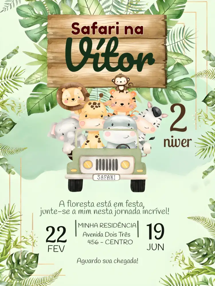 Convite Safari Folha – tema Mais pesquisados safari, natureza, infantil, divertido, colorido