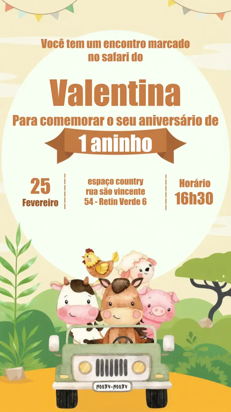 Convite Safari Infantil – tema Aniversário Infantil aquarela, animais, selva, cores vibrantes, divertido, aventura