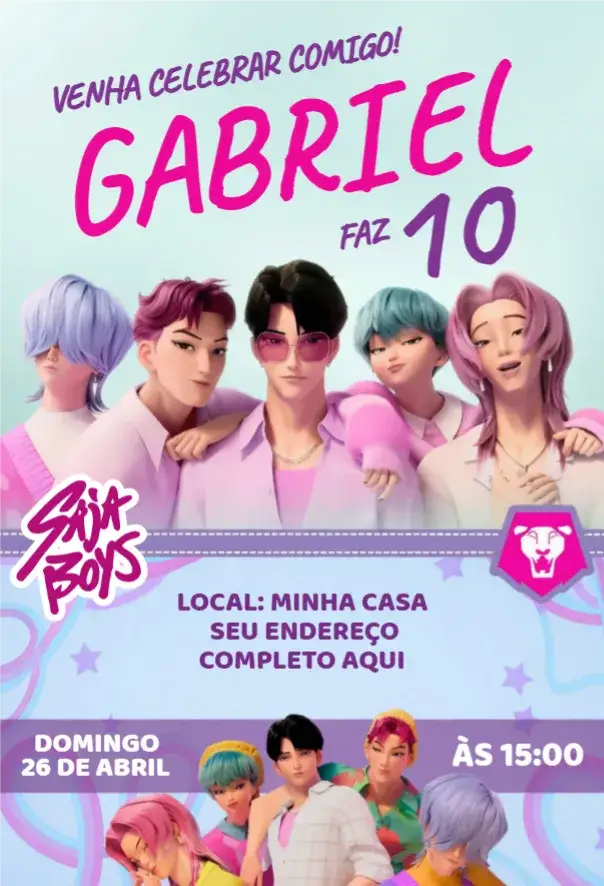 Invitación Saja Boys – tema Cumpleaños colorido, moderno, K-pop, divertido, jovem, temático