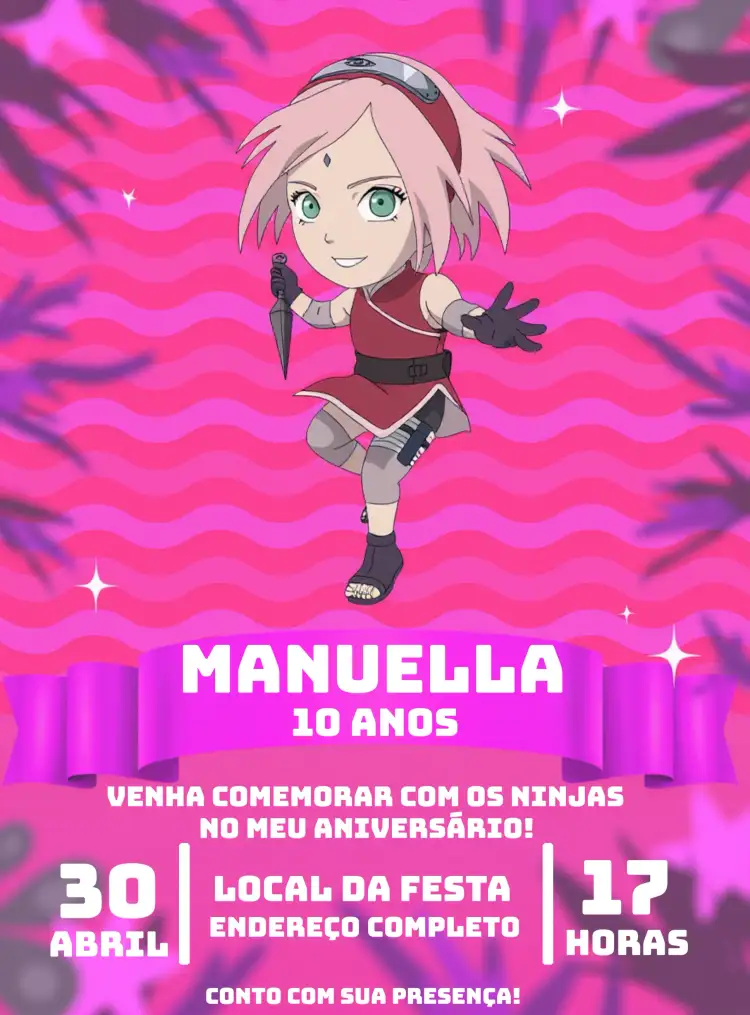 Convite Sakura Chibi Anime – tema Aniversário Infantil cores suaves, estilo anime, elementos gráficos de desenho, tema Sakura, design chibi, estética colorida