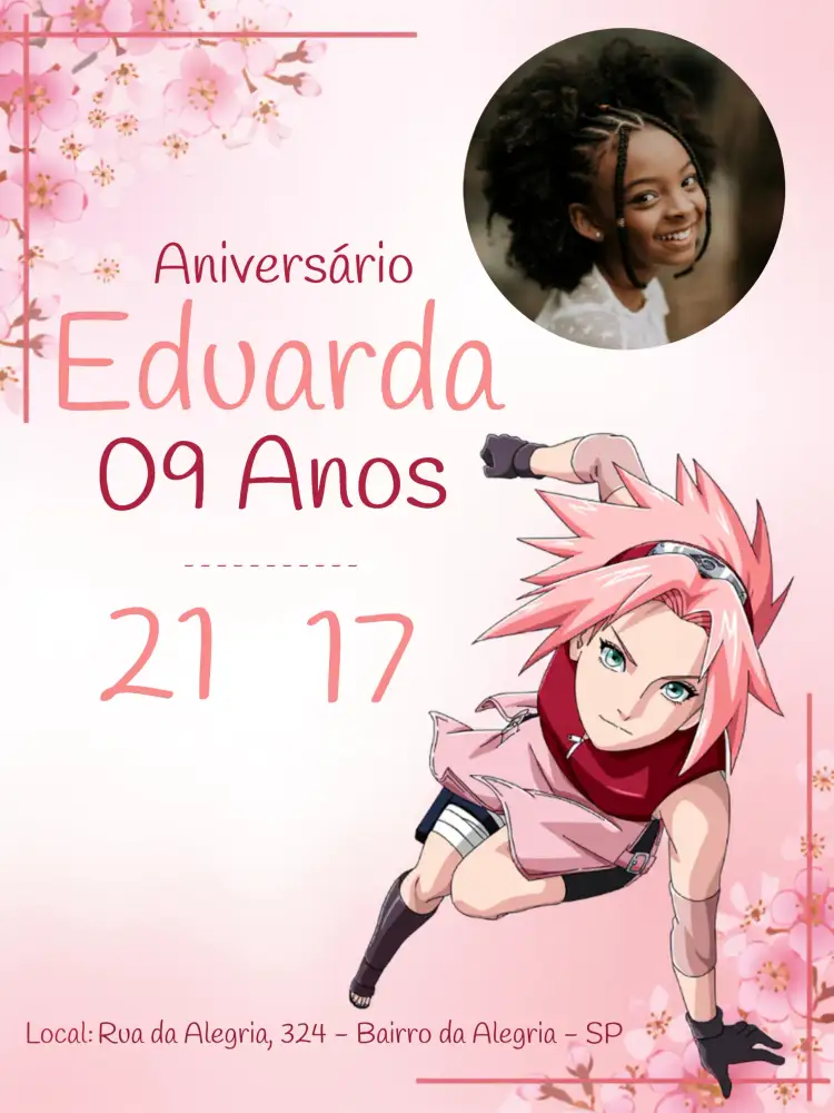 Convite Sakura Com Foto Naruto – tema Aniversário Infantil anime, delicado, cores suaves, moderno, divertido, personalizado