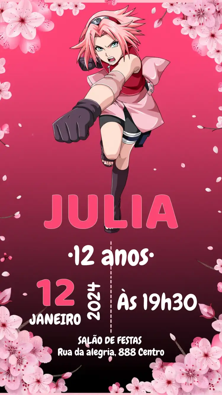 Convite Sakura Haruno Naruto Anime – tema Aniversário Infantil anime, rosa, floral, moderno, colorido