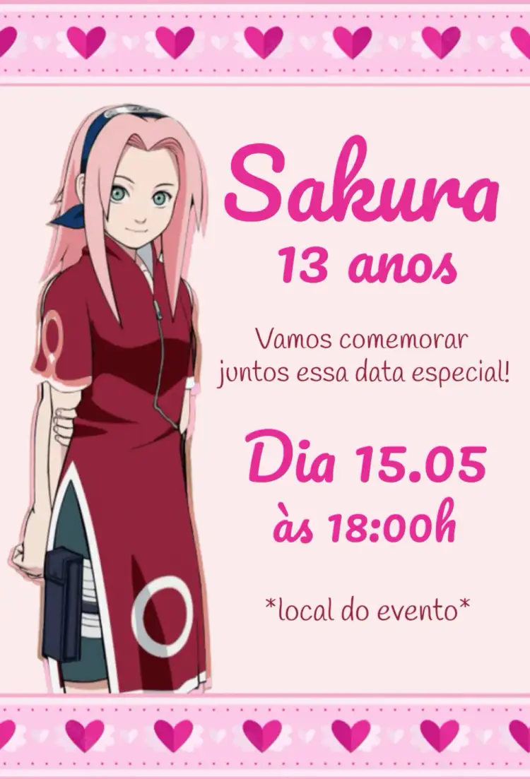Convite Sakura Haruno Vinho – tema Aniversário Infantil anime, floral, colorido, vintage, divertido, moderno