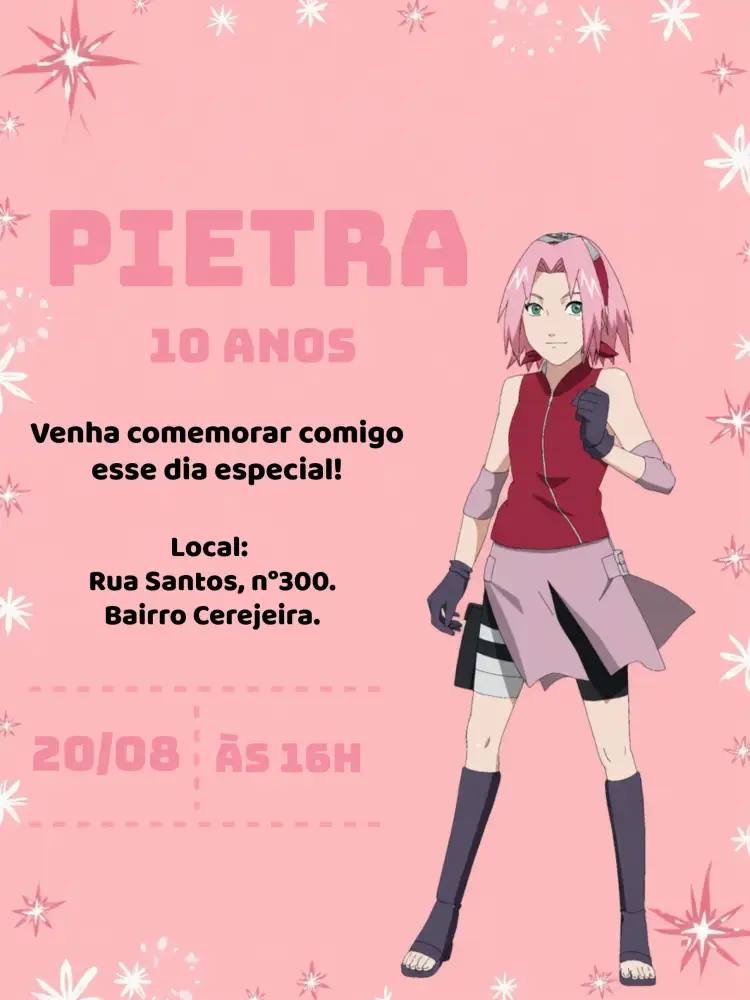 Convite Sakura Menina – tema Aniversário Infantil floral, anime, colorido, moderno, divertido, romântico