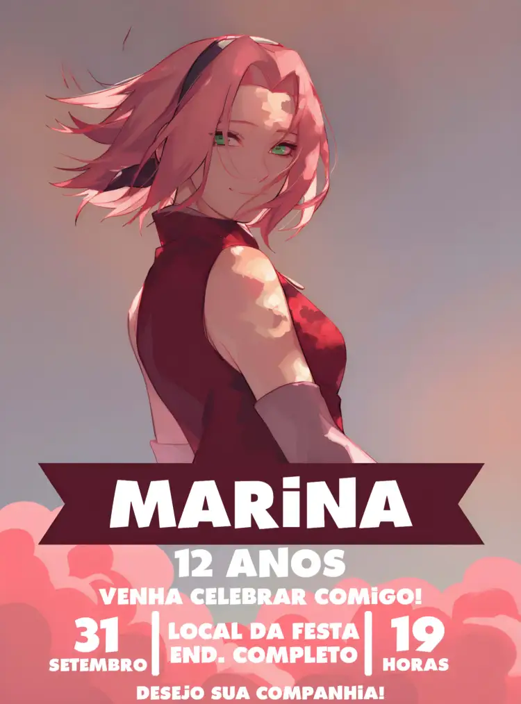 Convite Sakura Naruto Branco – tema Aniversário Infantil ninja, anime, temática rosa, infantil, moderno