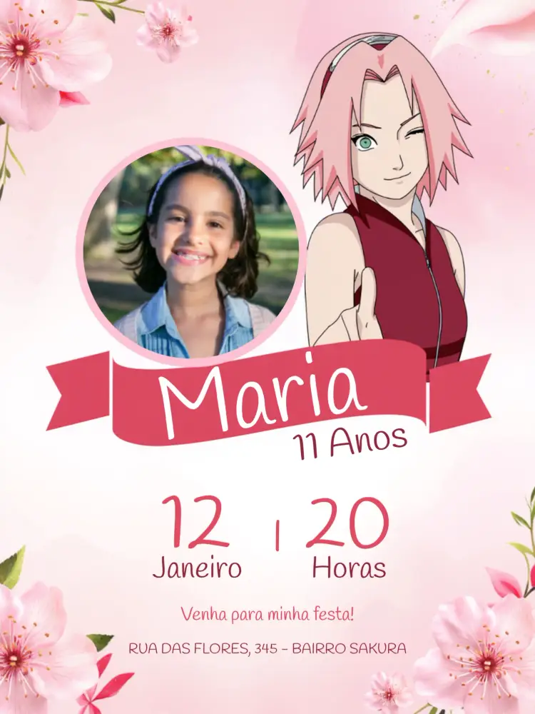 Convite Sakura Naruto Com Foto Salmão
