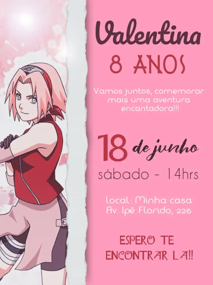 Convite Sakura Naruto Vermelho – tema Aniversário Infantil colorido, anime, moderno, infantil, temático