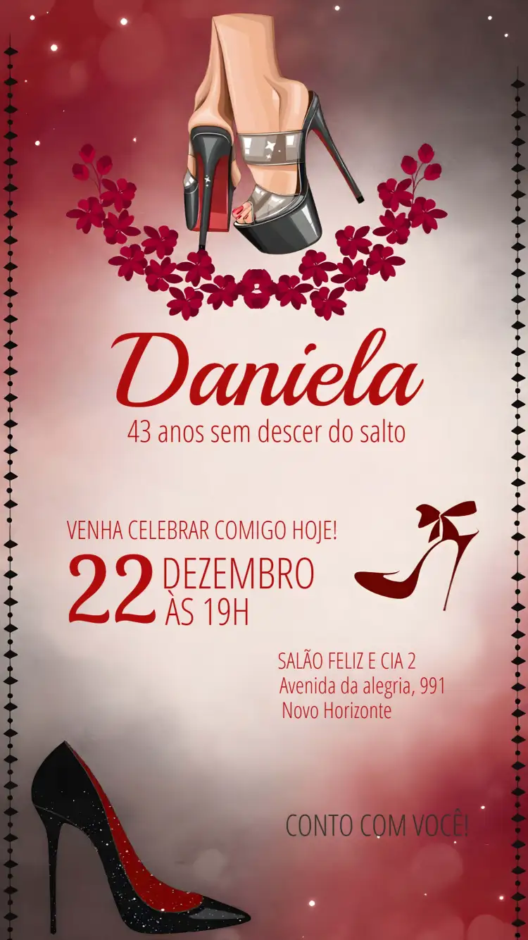 Convite Salto Alto Sapato – tema Aniversário moderno, elegante, glamoroso, vermelho e preto, fashion, chic