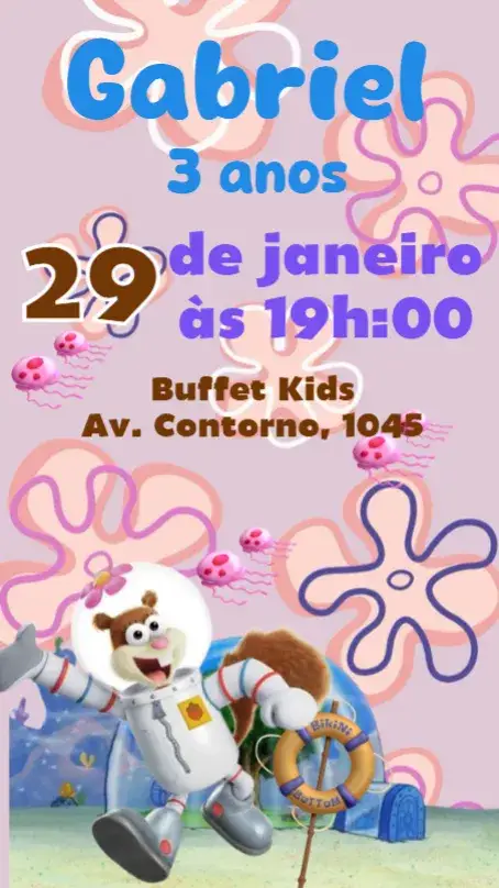 Convite Sandy Bob Esponja – tema Aniversário Infantil colorido, temático, divertido, infantil, marinho