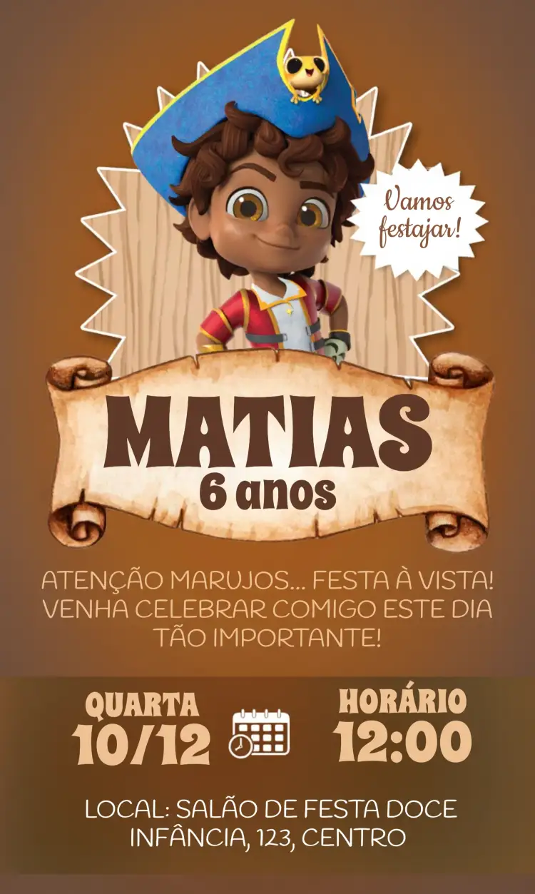 Convite Santiago Dos Mares Marrom – tema Datas Comemorativas marrom, náutico, aventura, infantil, lúdico