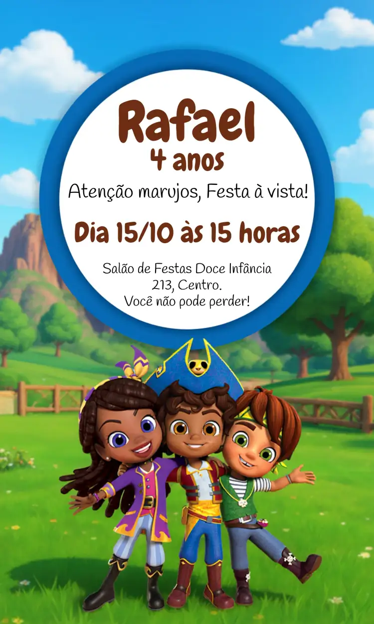 Convite Santiago Dos Mares Marujo – tema Datas Comemorativas nautical, infantil, praia, azul, marrom, aventura