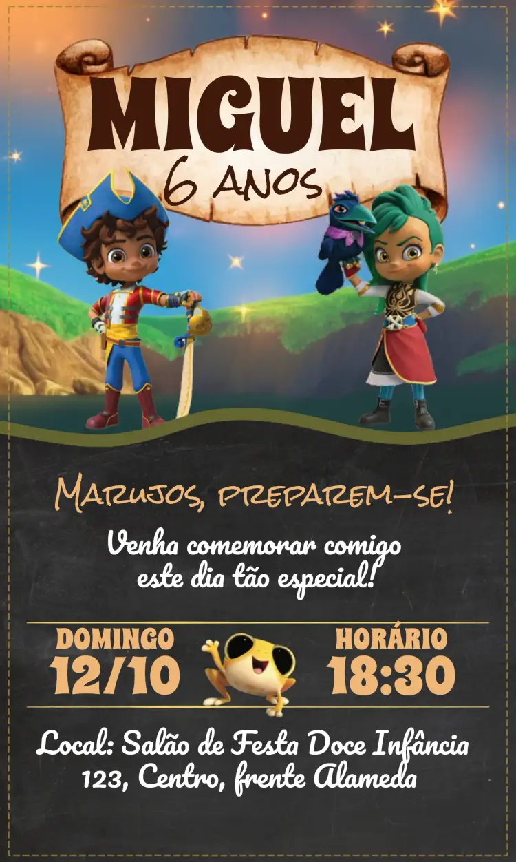 Convite Santiago Dos Mares Montes – tema Datas Comemorativas marinho, chalkboard, infantil, aventura, divertido, colorido
