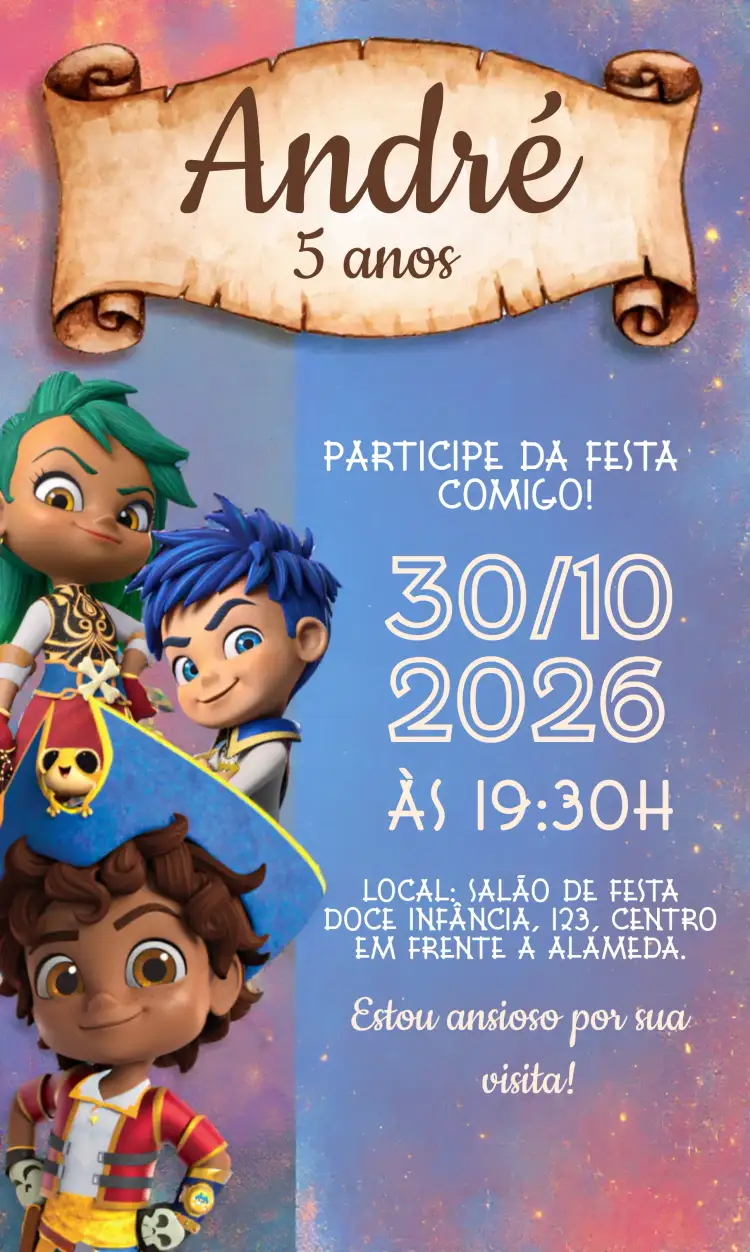 Convite Santiago Dos Mares Navio – tema Datas Comemorativas naval, aventura, marinho, colorido, infantil, lúdico