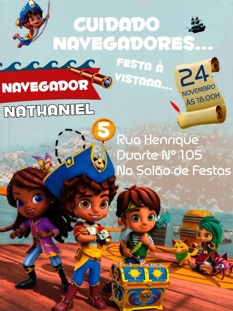 Convite Santiago Dos Mares Navio – tema Datas Comemorativas marítimo, infantil, colorido, divertido, navegação, aventureiro