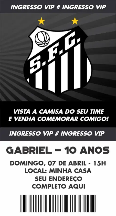 Convite Santos ingresso – tema Aniversário futebol, moderno, colorido, esportivo, dinâmico