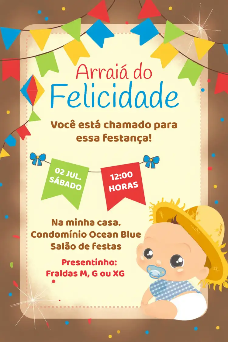 Convite São João Arraiá Amarelo – tema Datas Comemorativas colorido, junino, tradicional, festivo, alegre