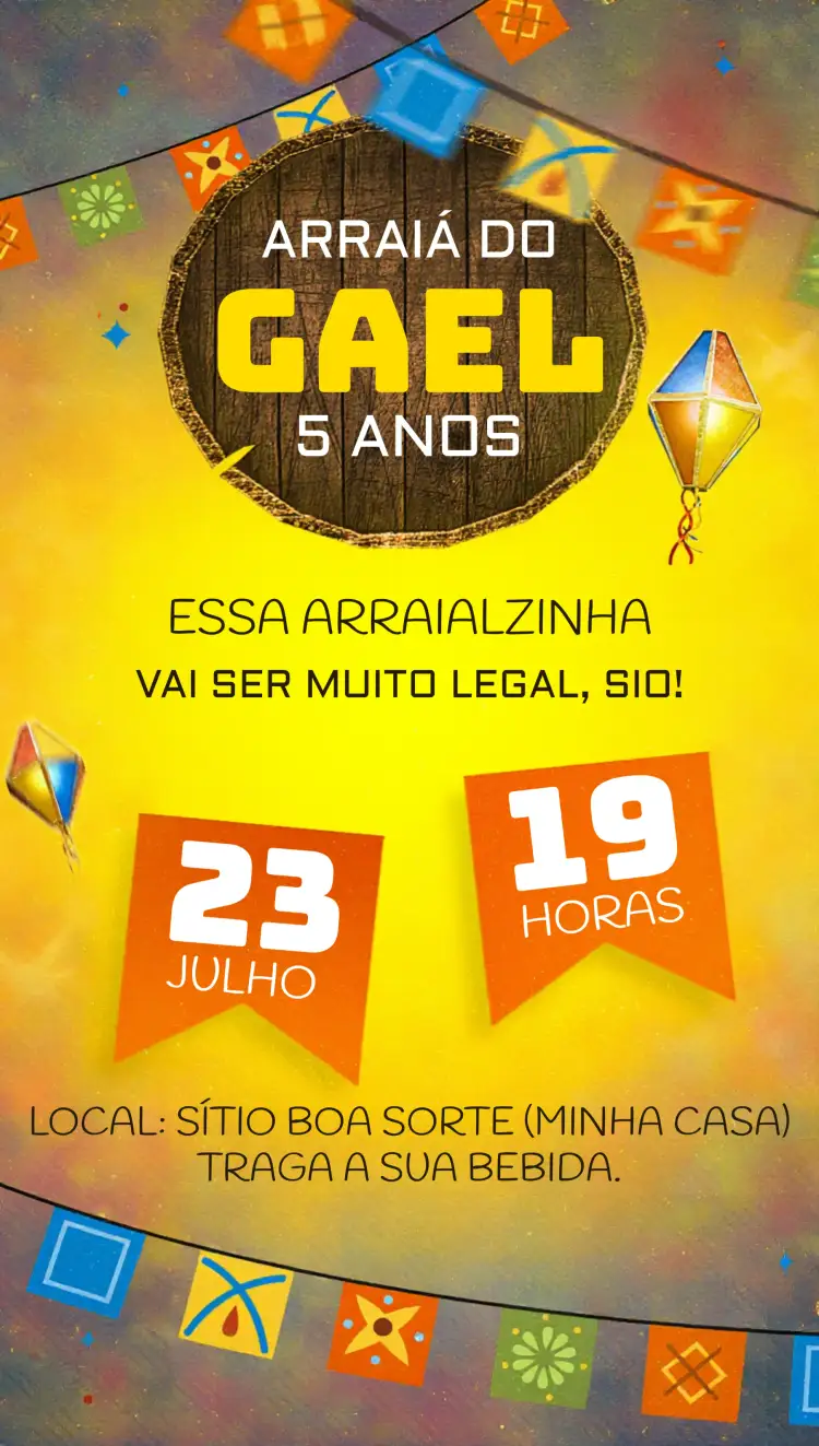 Convite São João Arraiá Infantil – tema Datas Comemorativas colorido, junino, brincalhão, festivo, vintage, rústico