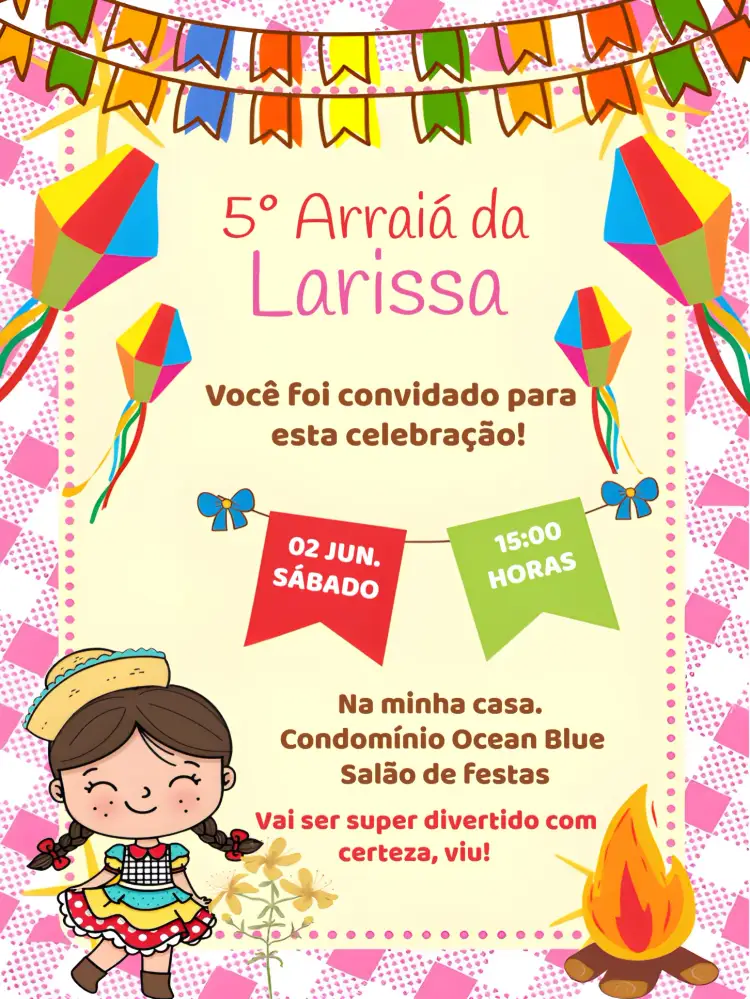 Convite São João Arraiá Menina – tema Datas Comemorativas colorido, junino, infantil, divertido, moderno