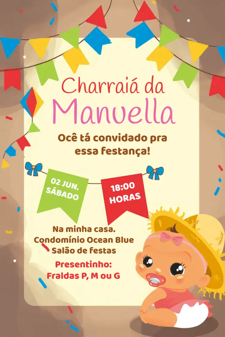 Convite São João Arraiá Rosa – tema Datas Comemorativas colorido, festivo, tradicional, junino, vibrante, alegre