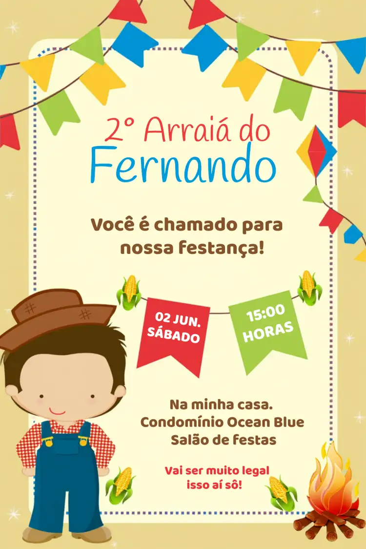 Convite São João Arraiá Vermelho – tema Datas Comemorativas colorido, vibrante, tradicional, festivo, rústico