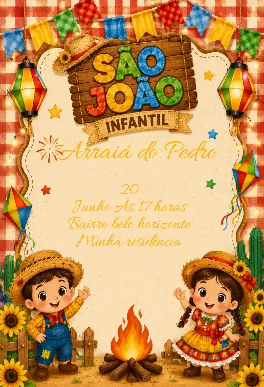 Invitation Children's São João – Kids' Birthday Party theme colorful, vibrant, June-themed, fun-filled, typical, playful