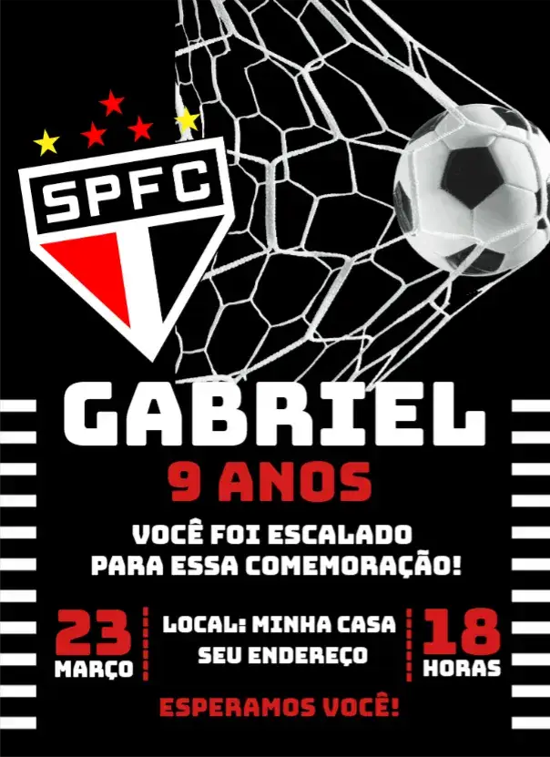 Convite São Paulo 4 – tema Aniversário futebol, moderno, vibrante, colorido, esportivo
