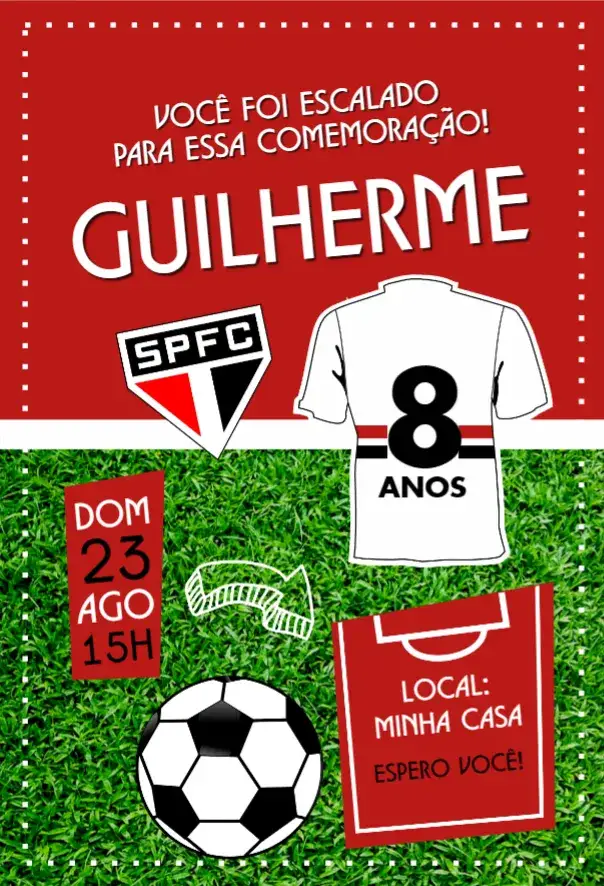 Convite São Paulo camisa – tema Aniversário futebol, vibrante, moderno, esportivo, colorido