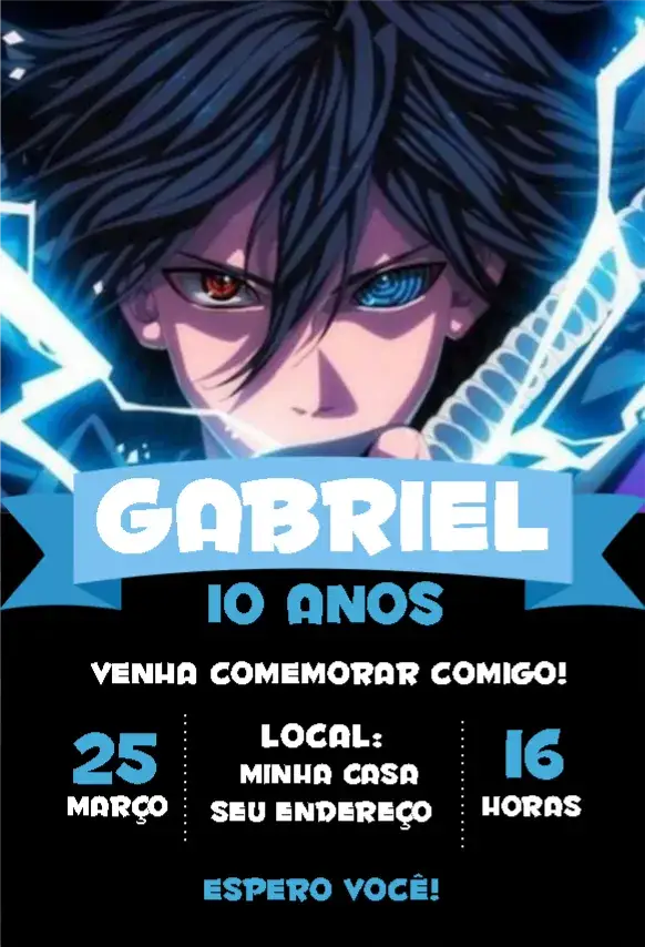 Convite Sasuke 2 – tema Aniversário Infantil ninja, colorido, moderno, divertido, anime, jovial