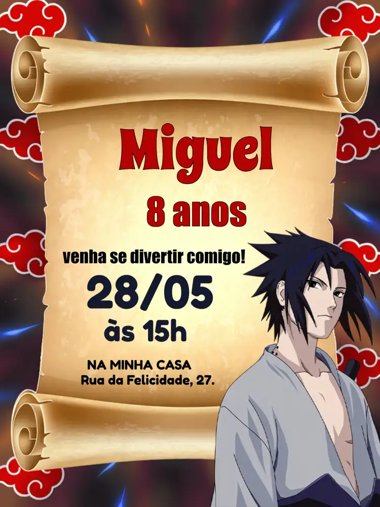 Convite Sasuke Uchiha Amarelo – tema Aniversário Infantil ninja, anime, vibrante, amarelo, moderno, aventura