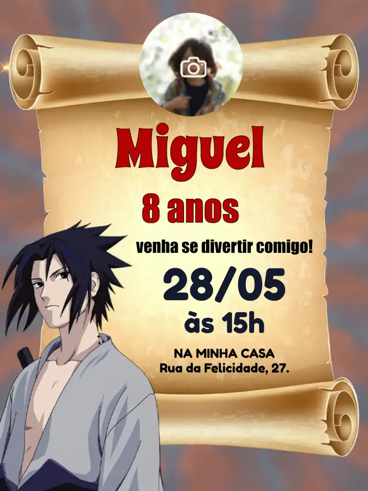 Convite Sasuke Uchiha Com Foto Ninja – tema Aniversário Infantil ninja, anime, colorido, moderno, temático, divertido