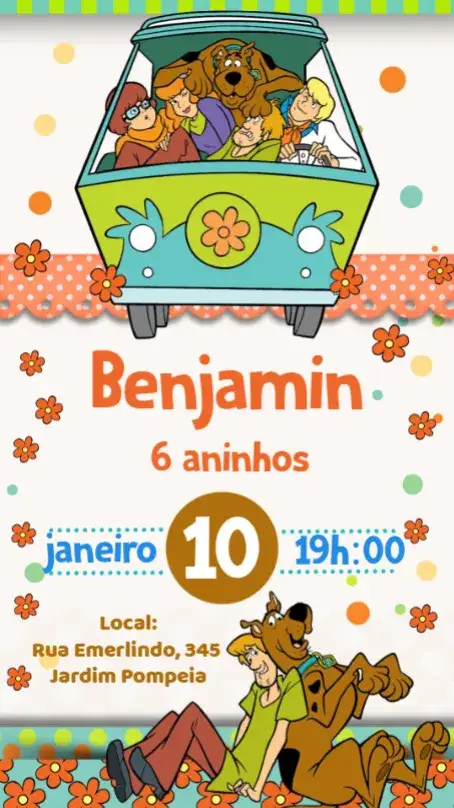 Convite Scooby Doo – tema Aniversário Infantil colorido, divertido, temático, infantil, aventura, animado