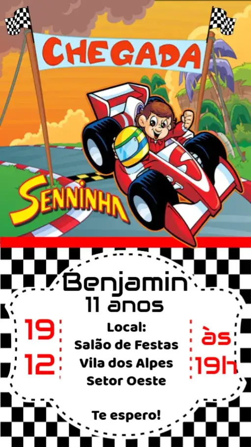 Convite Senninha – tema Aniversário Infantil Corrida, Automobilismo, Personagem