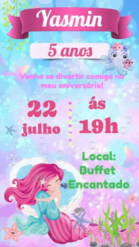 Invitación Sirena – tema Cumpleaños Infantil azul marino, disfraz, colorido, brillo, tropical, lúdico
