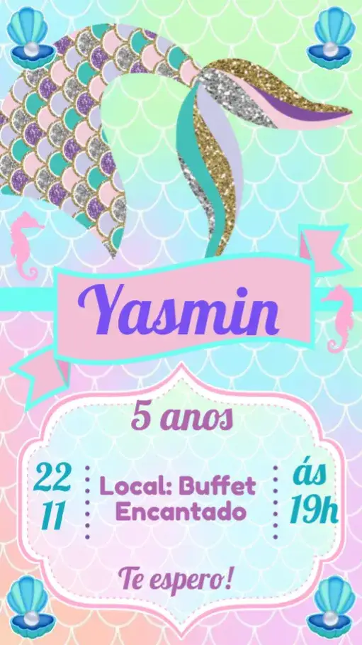 Convite Sereia – tema Aniversário Infantil marinho, colorido, lúdico, subaquático, fantasia, mágico