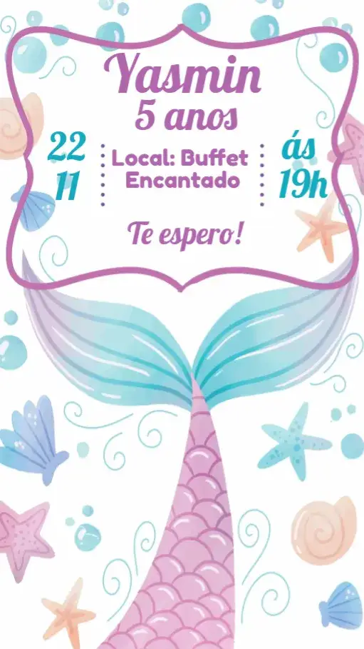 Convite Sereia – tema Aniversário Infantil marinho, pastel, divertido, lúdico, colorido, fantasia
