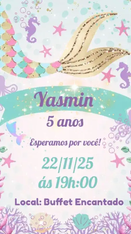 Convite Sereia – tema Aniversário Infantil azul, rosa, brilho, marinho, ilustração de sereia, elementos aquáticos