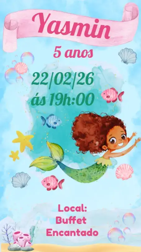 Convite Sereia Aquarela – tema Aniversário Infantil aquarela, marinho, temática infantil, cores vibrantes, ilustrações lúdicas, design alegre