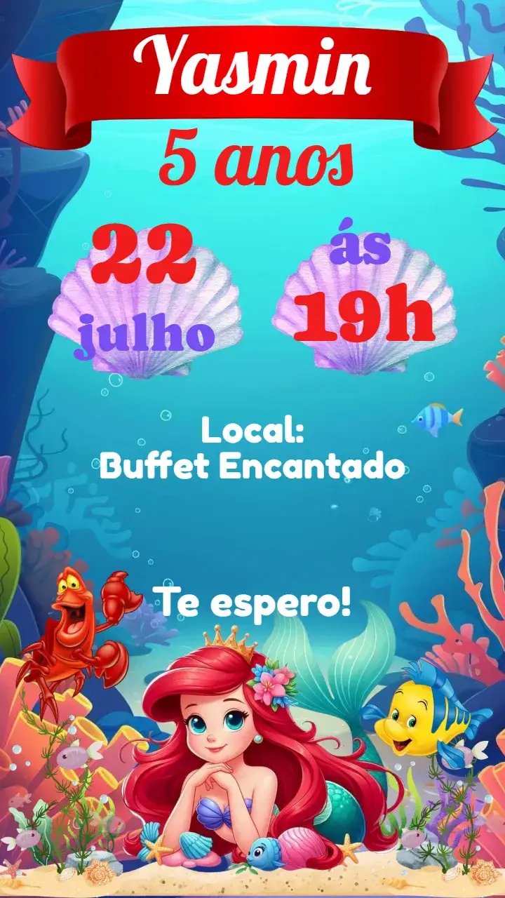 Convite Sereia Ariel – tema Aniversário Infantil oceânico, colorido, fantasia, lúdico, divertido, mágico