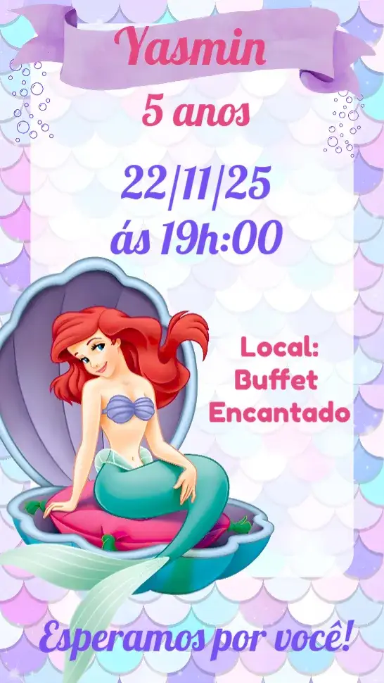 Convite Sereia Ariel – tema Aniversário Infantil cores vibrantes, elementos marinhos, ilustrações divertidas, estilo lúdico, design encantador