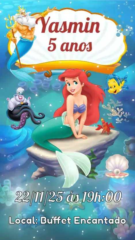 Convite Sereia Ariel – tema Aniversário Infantil Sereia, Fundo do mar, Aquático