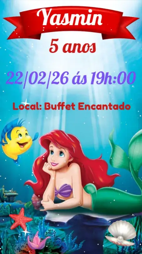 Convite Sereia Ariel – tema Aniversário Infantil cores vibrantes, elementos marinhos, estilo divertido, design encantador, estilo lúdico