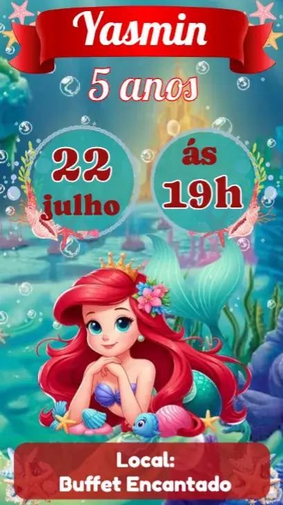 Invitation Mermaid Ariel – Kids' Birthday Party theme under the sea, mermaids, vibrant colors, marine elements, fantasy, magical