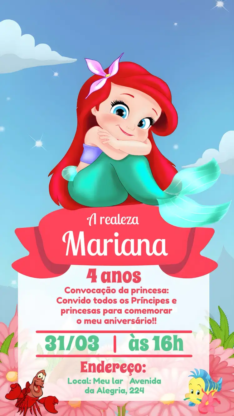 Convite Sereia Ariel Baby Mar – tema Mais pesquisados fundo do mar, Disney, colorido, infantil, fantasia, marinho