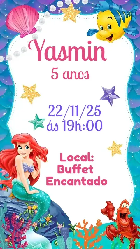 Convite Sereia Ariel – tema Aniversário temática marítima, cores vibrantes, ilustrações lúdicas, estilo divertido, elementos aquáticos, mundo encantado