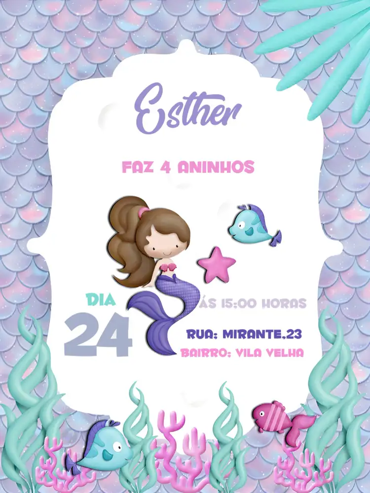 Convite Sereia Azul – tema Aniversário temática de sereia, cores azul e roxo, elementos do mar, ilustrações lúdicas, estilo divertido, design digital