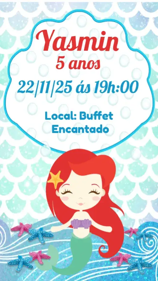 Convite Sereia Baby – tema Aniversário Infantil marinho, cores pastel, ilustrações divertidas, elementos aquáticos, estilo lúdico, festa mágica