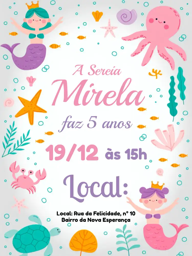 Convite Sereia Branco – tema Aniversário Infantil marinho, fantasia, colorido, lúdico, tropical, aquarela